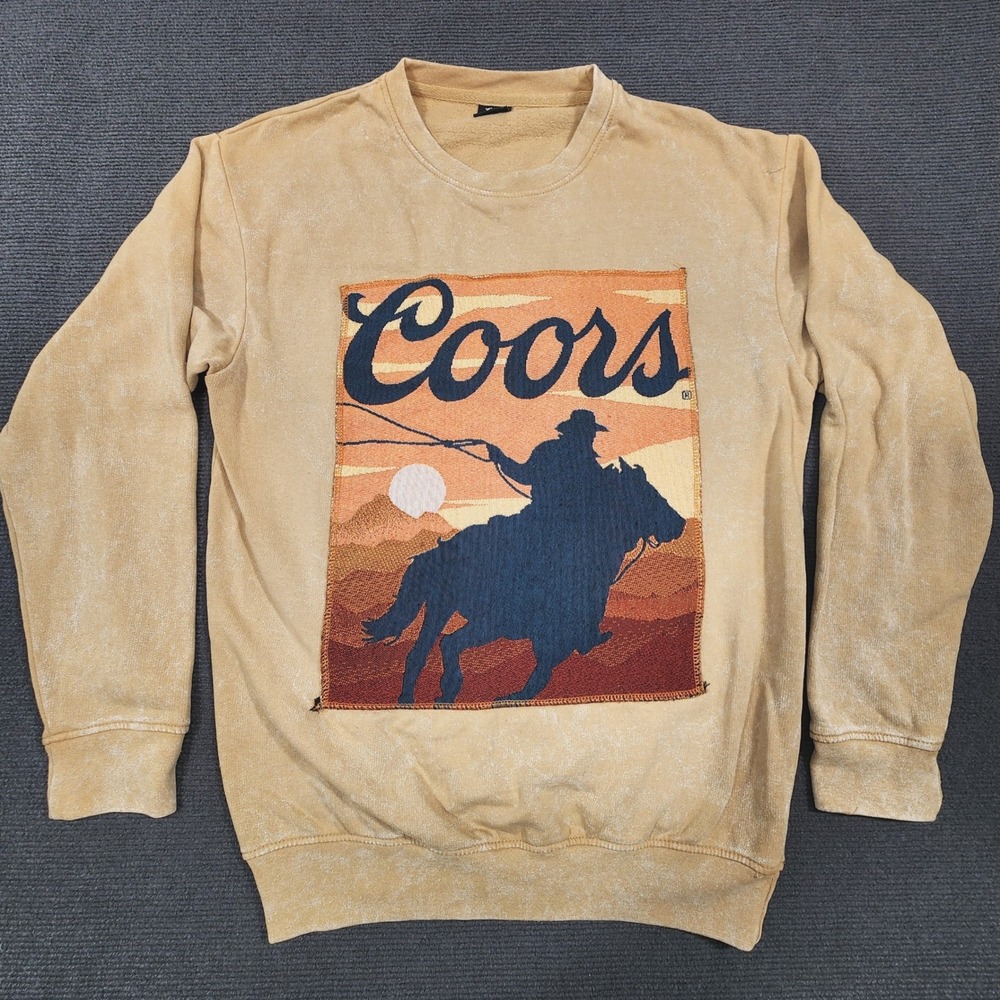 Coors Banquet Sweatshirt Mens Large Tan Cowboy Graphic Woven Patch Pullover